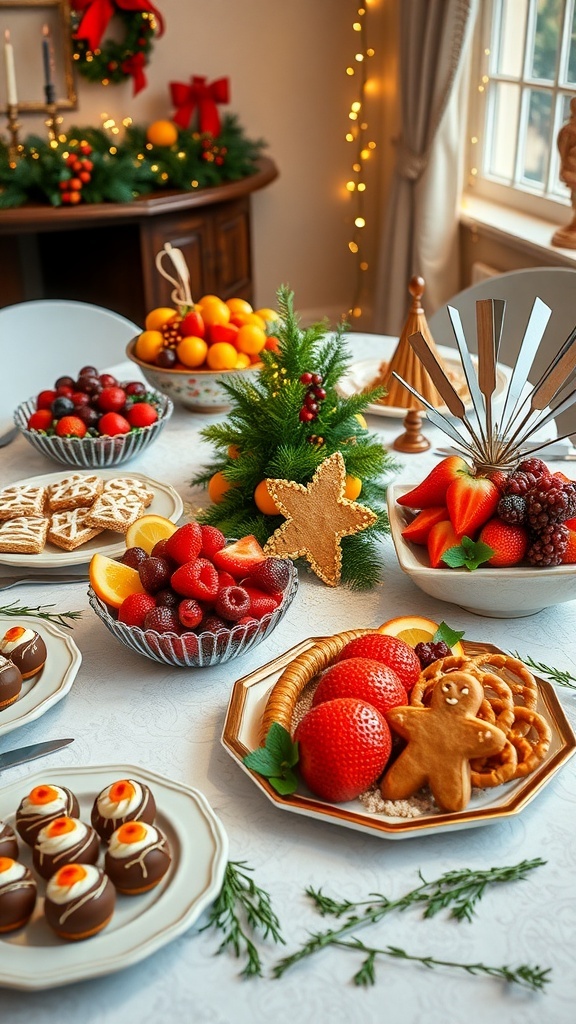 A festive Christmas table with edible decorations including fruits, cookies, and chocolate treats.
